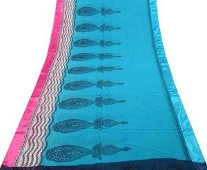 Sushila Vintage Aqua Blue Saree 100% Pure Georgette Silk Printed Craft Fabric - Picture 1 of 9