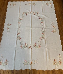 Vintage Handbestickte Herbst Erntedank Tischdecke Jakobsmuschel Rand 56x77 Elfenbein - Bild 1 von 10