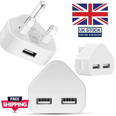 FAST DUAL 2 PORT USB CHARGER WITH 3 PIN UK MAINS WALL PLUG ADAPTER FAST CHARGING