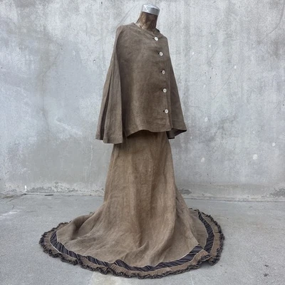 Antique Victorian Brown Linen Dress Set Cape Top Long Skirt MOP Vintage - Image 1 of 4