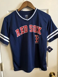 Boston Red Sox T-shirt Boys Size Large 12-14 Polyester Jersey Navy Blue Baseball - Picture 1 of 6