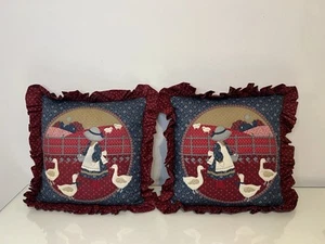 Pillows Decorative Set of 2 Cottagecore Grannycore Farmhouse Girl w/ Ducks Quilt - Picture 1 of 15