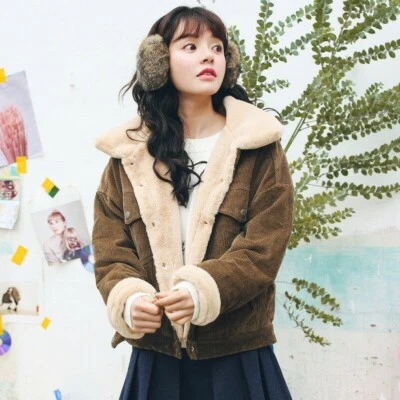 Women Corduroy Fleece Lining Coat Faux Rabbit Wool Jacket Outwear Parka Winter - Image 1 of 4