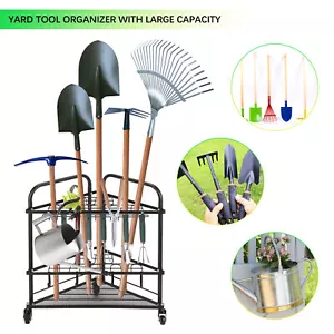 More details for rolling corner tool storage rack for gardening utensils yard space organiser