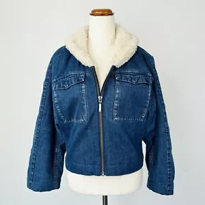 Country Road Womens Denim Sherpa Jacket Boxy Cropped Lined Blue Size 8 - Picture 1 of 8