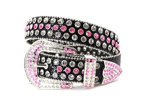 Rhinestone Western Belt Bling Black Clear Pink Unisex Men Pant 38 Cinto Vaquero - Picture 1 of 9