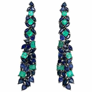 Exotic Multi Shape Blue 11.15CT Sapphire With 4.29CT Emerald Fashion Earrings - Picture 1 of 6
