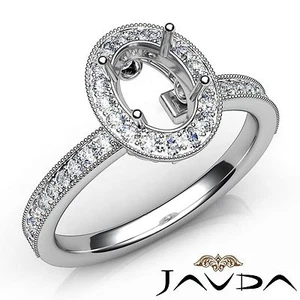 Oval Semi Mount Milgrain Halo Pave Set Diamond Engagement Ring Platinum 0.5Ctw - Picture 1 of 7