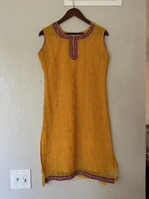 Vintage Sagun Garments Yellow Kaftan Boho Tunic Top Dress Sequined Size 38 - Imagem 1 de 4