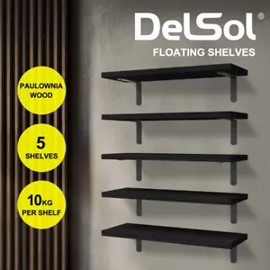 Floating Shelves Wall Mounted 5pcs Set Rustic Wood Storage Book Shelf Black - Picture 1 of 9