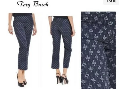 Tory Burch Oliana Blue Print Cotton Blend Stretch Crop Ankle Pants Women's Sz 0 - Image 1 of 4