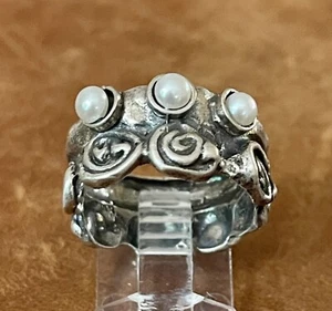 Vintage 925 Sterling Three Freshwater Pearl Ornate Flowers Brutalist Ring Size 9 - Picture 1 of 12