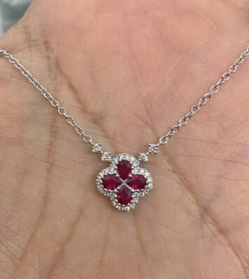 1.30Ct Pear Cut Lab-Created Red Ruby Flower Pendant 14K White Gold Silver Plated - Image 1 of 4