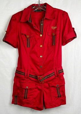 COOGI Red Belted S/S Button-Front Woven Stretch Cotton Jumpsuit Romper 5/6 - Image 1 of 2
