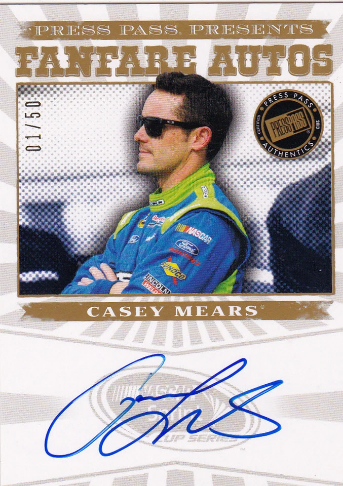 2013 PRESS PASS AUTHENTICS CASEY MEARS FANFARE AUTOS AUTOGRAPH #01/50 - RARE #1 - Image 1 of 1