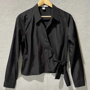 JOSEPHINE CHAUS Blouse Women 6 Black Silk Blend Collared Long Sleeve Crop Wrap - Picture 1 of 19