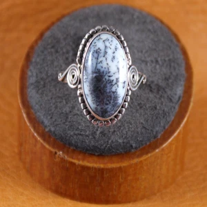 BALI Oval MOSS AGATE Beaded Ring Sterling Silver Size 7.5 - Foto 1 di 7