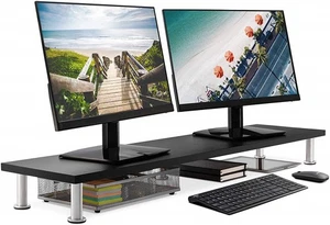 Soporte de monitor doble grande para pantallas de computadora soportes de bambú macizo negro - Imagen 1 de 4