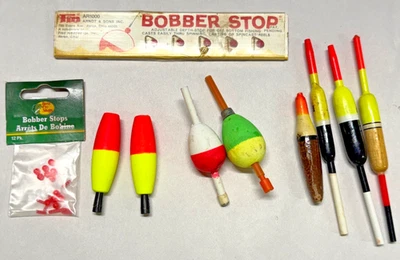 Lote de 8 Bobbers Vintage Madeira Plástico Isopor 2,5" - 5" & 17 Bobber Stops - Imagem 1 de 4