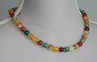 ORANGE, GREEN & YELLOW  COLOURED AGATE NECKLACE 8MM ROUNDS ~ STERLING SILVER 18"