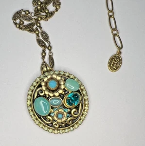 Michal Golan 24K Gold Blue Crystal Flower Statement Necklace w/ Chain Handmade - Picture 1 of 3