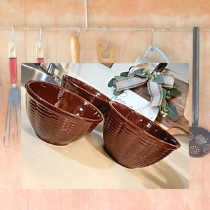 Set of 3 Rare Vintage "Watt Ovenware USA" Pottery Basketweave Mixing Bowls - Picture 1 of 6