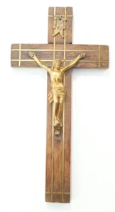 Crucifix Italian Brass Color Lined Wood Jesus 1960s Handmade Vintage  - Picture 1 of 6