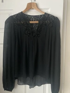 KAREN MILLEN Sheer blouse Gypsy Embroidery Top UK 12 Black Wide Sleeves - Picture 1 of 14