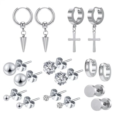 8-9 Pairs Stainless Steel Stud Earrings Black Punk Cross Earring Helix Piercings - Image 1 of 4