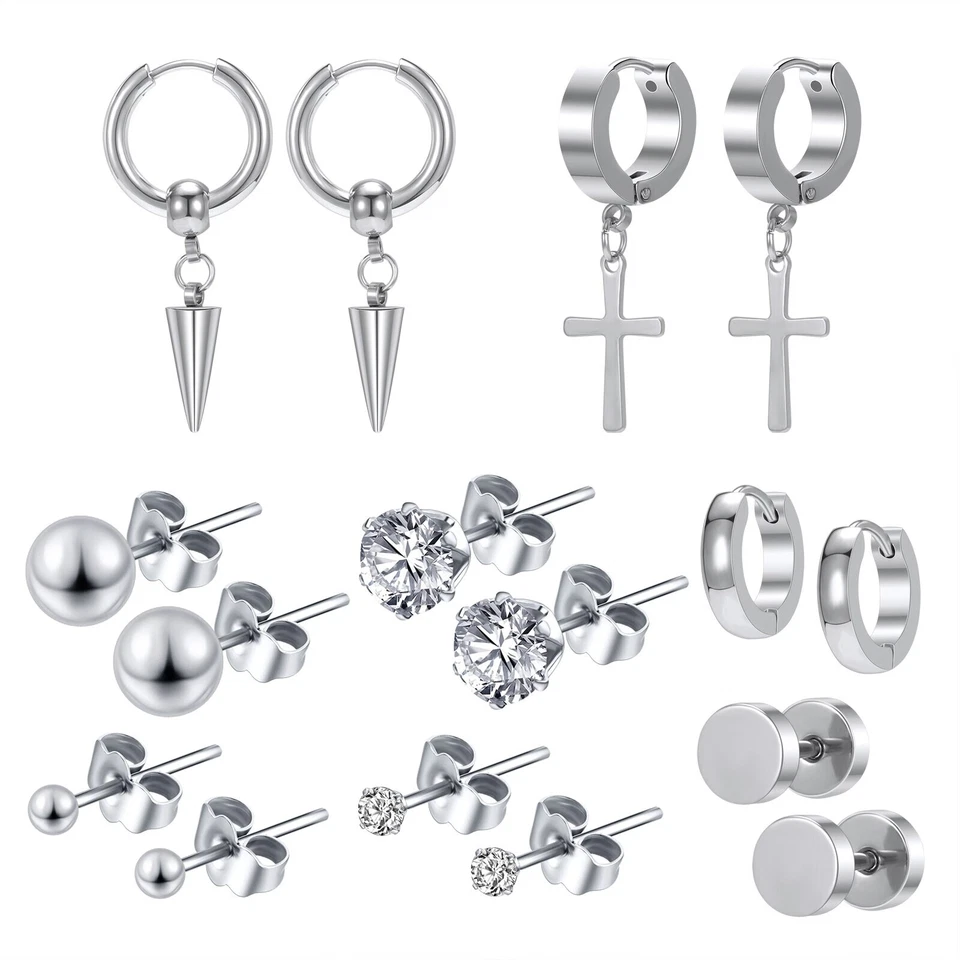 8-9 Pairs Stainless Steel Stud Earrings Black Punk Cross Earring Helix Piercings - Image 1 of 4