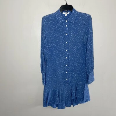 DEREK LAM 10 Crosby Mini Shirt Dress Women 2 Silk Blue Asymmetric Long Sleeve - Image 1 of 4