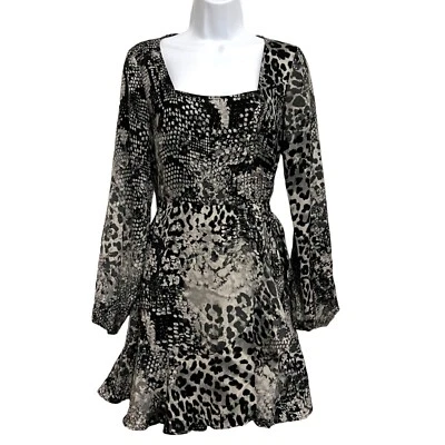Express Snake Leopard Mini Dress Grey White Black Long Sleeve Ruffle Size XS - Image 1 of 4