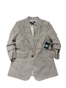 DKNY Ruched 3Q Sleeves One Button Pinstripe Blazer in Khaki Brown Sz 6 - Picture 1 of 3