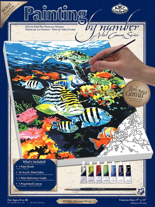 Pcs-12 Ocean Deep Royal Brush Paint by Number Kit Artist Canvas Series 9 X12 090672220158