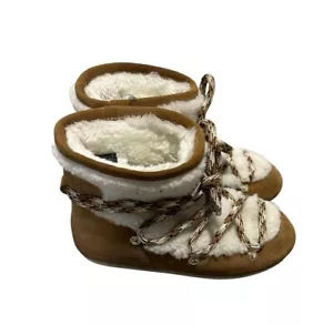 Moon boots shearling suede lace up ankle moccasins 6 Brown white Sherpa real fur - Picture 1 of 14