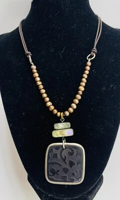 SILPADA Sterling Silver Etched Shell Pendant Pearl Abalone Leather Cord Necklace - Image 1 of 4