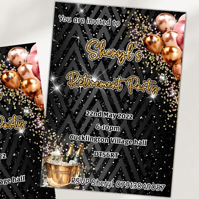 Retirement Black Gold Glitter party Invitations,Personalised Leaving work invite - Image 1 of 4