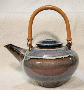 Bill Campbell Studio Art Pottery Tea Pot Bamboo Handle  Blues Purples Signed - Picture 1 of 18