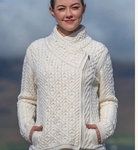 Aran Crafts Cardigan Jacket With Side Zip Sweater Cable Knit Merino Wool Medium - Picture 1 of 6