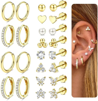 Pendientes de aro hipoalergénicos de oro para mujer y hombre quirúrgico de acero inoxidable Fl Foto 1 de 4