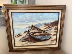 Quadro spiaggia arte parete barca acqua sabbia incorniciato barca riva firmato originale - Foto 1 di 17
