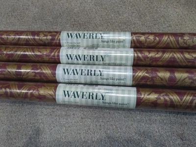 Waverly Wallpaper Roll 27”x9” Pattern 5509470 New LOT OF 4 Floral Gold Burgundy  - Image 1 of 4