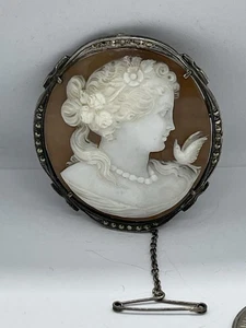 Broche colgante vintage tallado concha camafeo diosa y paloma marcasita 800 plata - Imagen 1 de 12