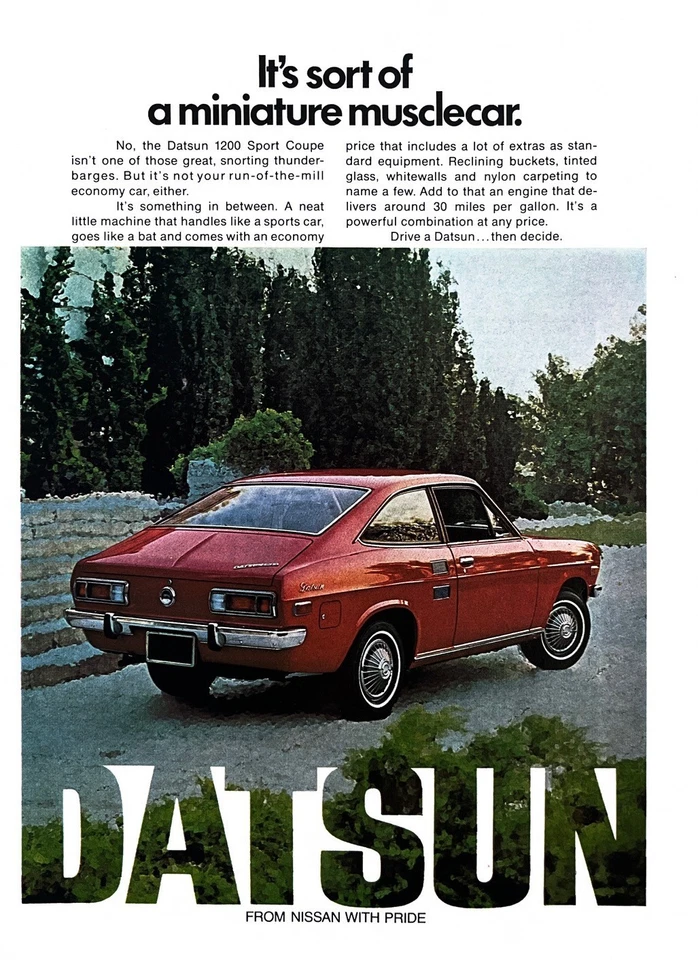1972 DATSUN 1200 Genuine Vintage Print Ad Automobile Car Nissan Sport Coupe - Image 1 of 1