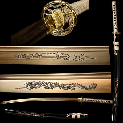 Handmade Gold Blade Japanese Samurai Sword Dragon Katana Full Tang Sharp - Image 1 of 4