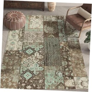 Boho Area Rug 4x6 Vintage Living Room Rug Patchwork 4'x6' Patchwork Brown/Teal - Picture 1 of 8