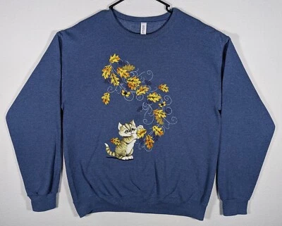 Sudadera Pullover Vintage Gatito Caída Hojas Otoño Forrada de Vellón Azul M Foto 1 de 4
