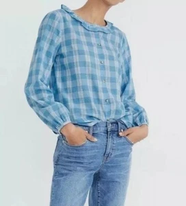 Madewell Ruffle-Neck Top Colwell Plaid long Sleeve button front XS Western NWT - Picture 1 of 11