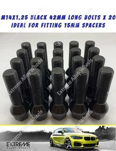 Fits Bmw Black Alloy Wheel Bolts 4 5 6 7 8 F+G Series Models M14 x 1.25 42mm - Picture 1 of 2