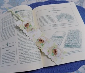 Bookmark BUNNY RABBIT EASTER BASKET Fabric or Cloth Handmade Light Green Ribbon - Picture 1 of 3